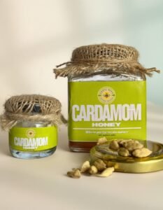 Royal Hive Cardamom Honey glass jars with cardamom pods