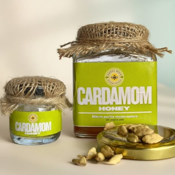 Royal Hive Cardamom Honey glass jars with cardamom pods